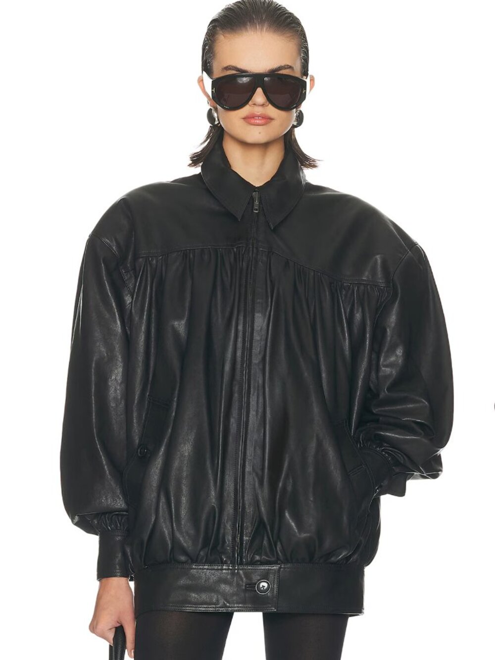Helsa The Shirred Oversized Leather Jacket in Black Motorcycle Bomber Coat Small
